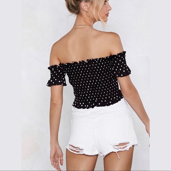 NWT NASTY GIRL BARDOT SEA YOU SOON POLKA DOT SMOCKED CROP TOP - Picture 4 of 8